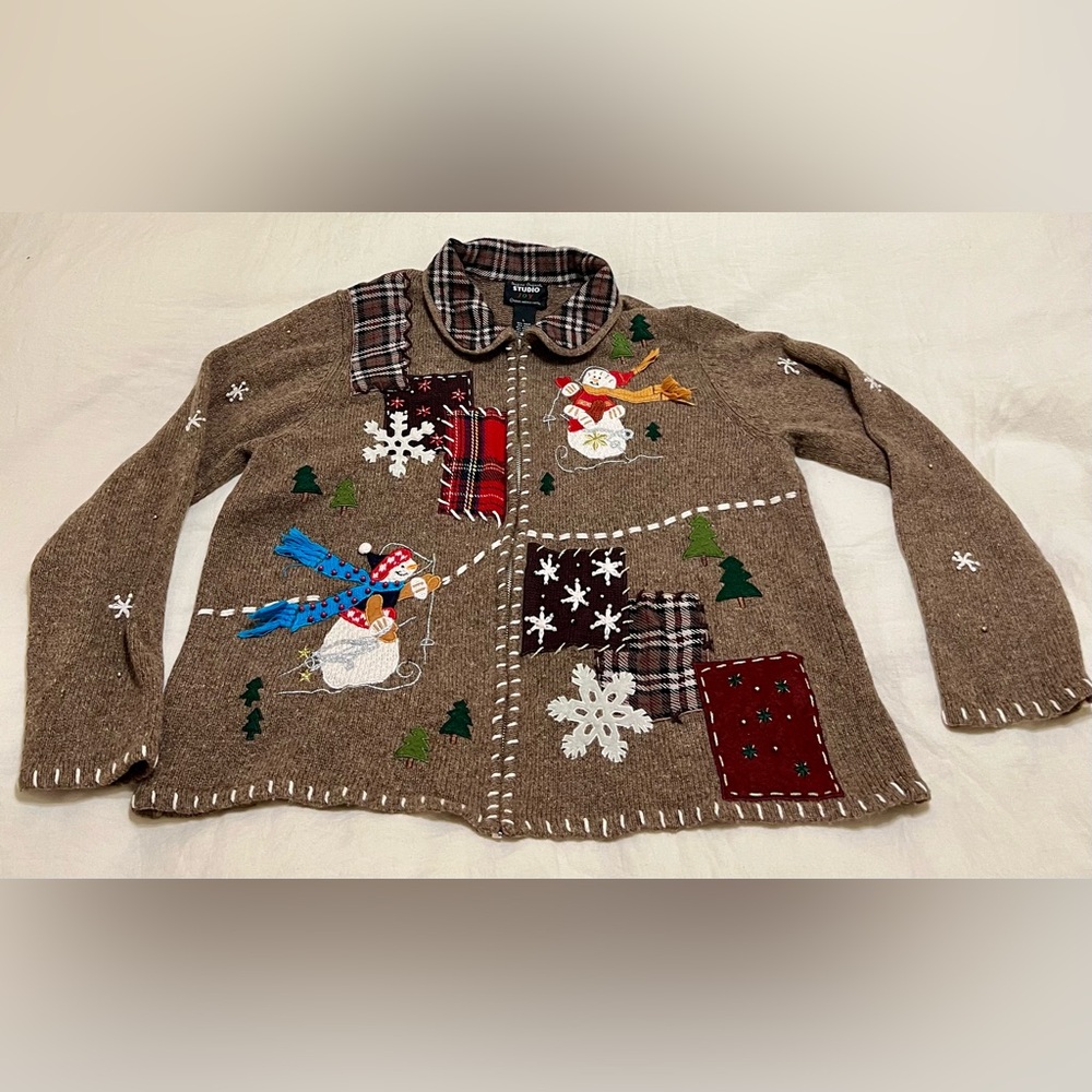 Designers Original Studio Ugly Christmas Cardigan With Plaid Collar Size L